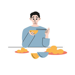 Man, female eating meal at a restaurant with chopsticks. Flat drawn style vector design illustrations.