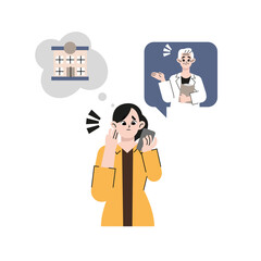 Female, woman calling the consultation counter of the hospital. Flat drawn style vector design illustrations.