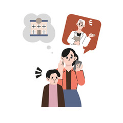 Mother calling the consultation counter of the hospital. Flat drawn style vector design illustrations.