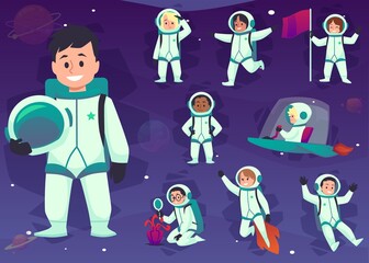 Cute kids astronauts, rocket and planets set flat vector illustration isolated.