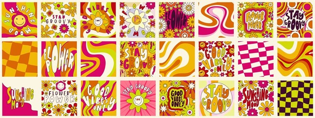 Daisy Flowers, Trippy groovy poster set for print design quote. Psychedelic hippy groovy print. Template poster vector illustration. Abstract vector pattern. Wavy Swirl, checkerboard, btight color.