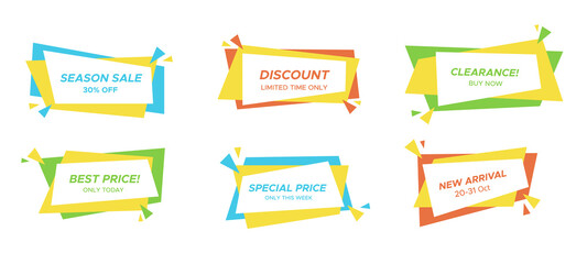 Flat festive discount label collection, color isolated sale banner, geometric rectangle price offer, abstract horizontal promotion sticker set, web trendy promo box, vector graphic