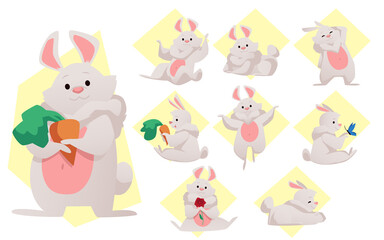 Cute cartoon rabbits with carrots, flowers, butterfly, flat vector illustration