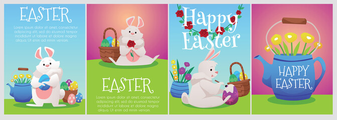 Cute cartoon easter rabbit with colored eggs, flowers isolated on color