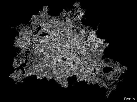 Berlin city map with roads and streets, Germany. Black and white. Vector outline illustration.