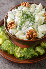 Bulgarian salad of cucumbers, garlic, dill and walnuts seasoned with yogurt close-up in a bowl on the table. Vertical
