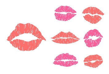 Red mark kisses lipstik pink mouth set. Hand drawn shape beauty sexy silhouette isolated on white background. Vector icon
