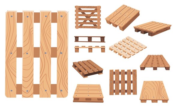 Wood pallet set from different angles, cartoon flat vector illustration isolated on white background.