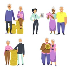 Fototapeta premium Pension fund concept with old people cartoon characters making investments