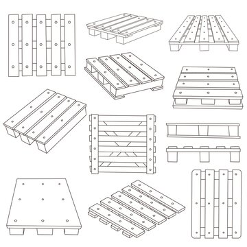 Set of wood pallets in line vector illustration isolated on white background