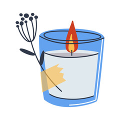 The candle in glass is decorated with a decorative dry branch. Nice item for interior decor. Flat vector illustration. Eps10