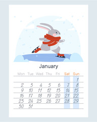 The hare is skating in winter. Snowy day at the ice rink. Calendar for January 2023. Flat vector illustration. Eps10