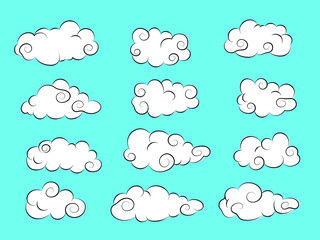 Set of clouds icon character vector illustration. Isolated on blue background.