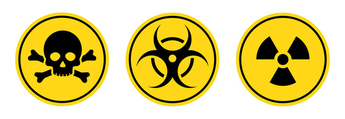 Danger toxic, poison, toxic, biohazard caution sign set. Skull, virus, chemical danger yellow symbol element. Vector illustration