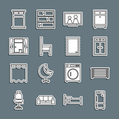 Set line Refrigerator, Chest of drawers, Wardrobe, Picture frame on table, Chair, Window with curtains, Big bed and icon. Vector