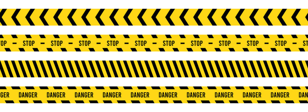Caution, safety tape. Yellow, black stripe danger tape for atterntion, hazard ribbon. Police, construction area sign banner, barrier symbol. Vector illustration.