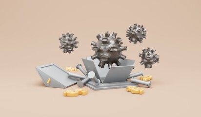 3D Rendering of virus with destroyed bank icon concept of economic recession global crisis from virus. 3D Render illustration cartoon style.