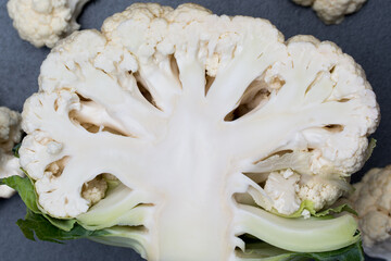 cut in half cauliflower closeup selective focus