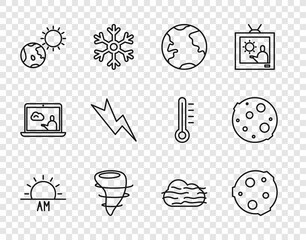 Fototapeta premium Set line Sunrise, Moon, Earth globe, Tornado, and sun, Lightning bolt, Fog cloud and icon. Vector