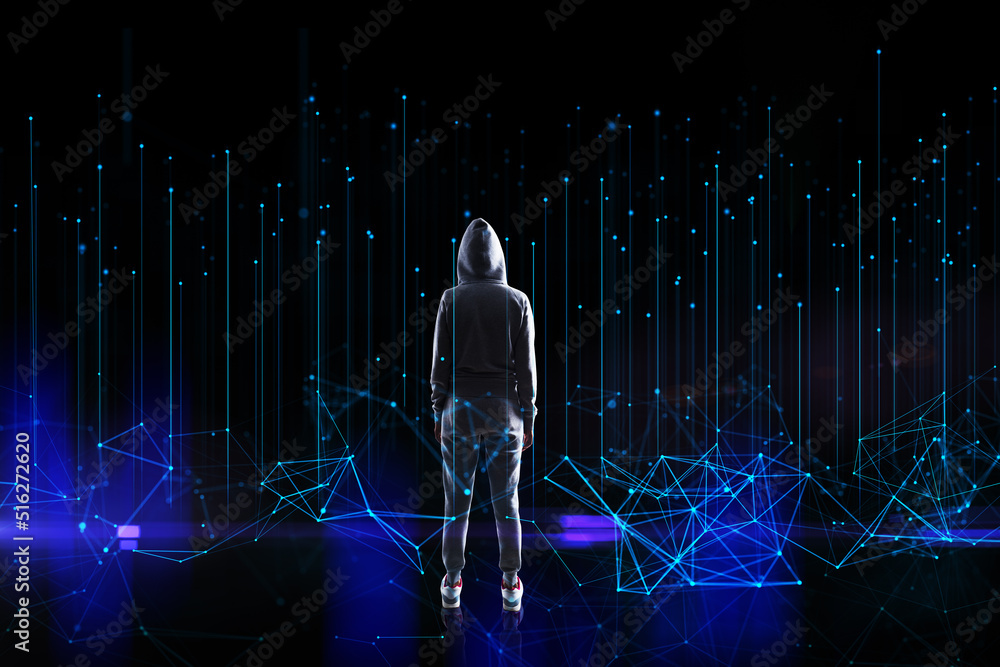 Poster Back view of hacker in hoodie looking at abstract polygonal lines on dark background. Big data, technology, metaverse and future concept.