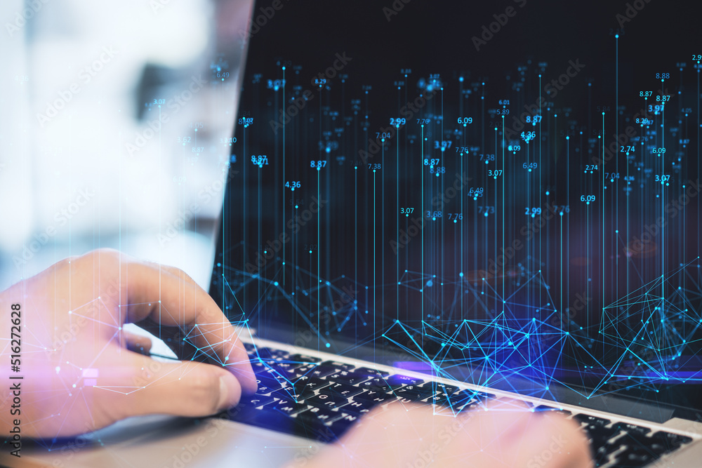 Poster close up of male hands using laptop keyboard with abstract polygonal lines on blurry background. big