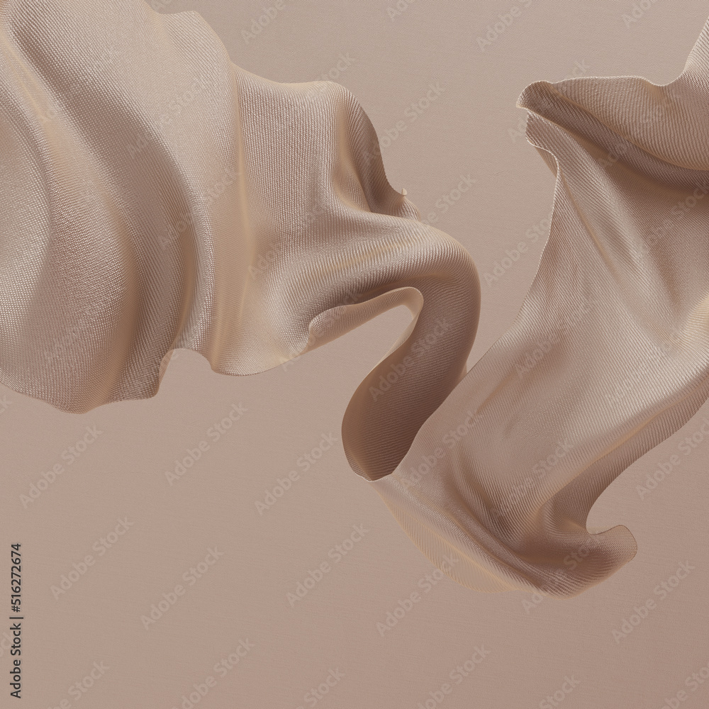 Poster elegant floating beige textile in air, cloth dynamic abstract background, fabric fly 3d rendering