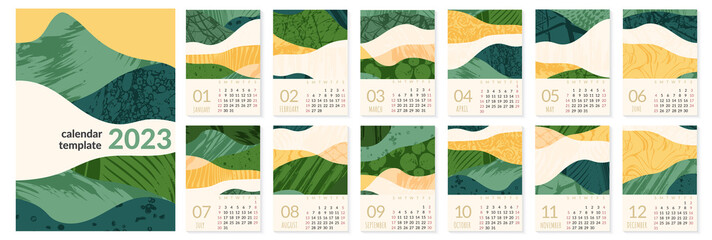 2023 calendar template with abstract green nature field landscape. Simple eco environment background. Calendar design concept with agriculture theme. Set of 12 months 2023 pages. Vector illustration - obrazy, fototapety, plakaty