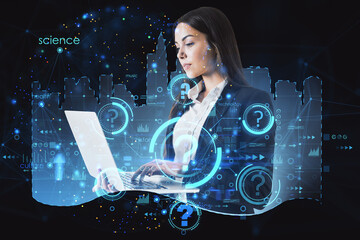 Attractive thoughtful young european female with laptop and abstract city hologram, question marks and business chart. Smart city and future concept. Double exposure.