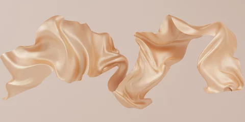 Plexiglas foto achterwand Golden satin cloth design element, isolated piece of blowing fabric wave, elegant textiles 3d rendering © Chili