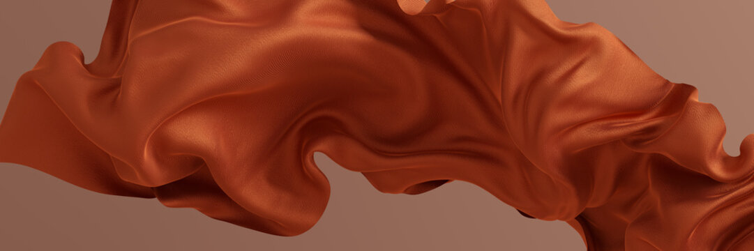 Fabric fly 3d illustration. Ginger cloth abstract scarf in the air. Elegant fashion background.