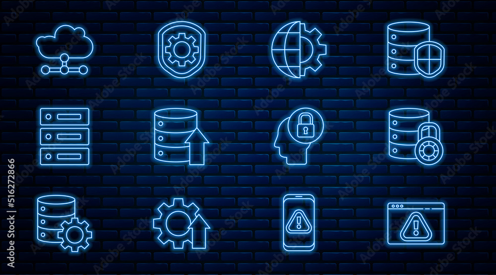 Poster set line browser with exclamation mark, server security lock, globe of the earth and gear, server, d