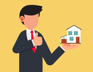 House in hand, product presentation. Businessman offer Assets on hand ready to doing ok gesture with thumbs up.