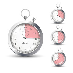 Set of realistic silver stopwatches with different measurements, pink scale