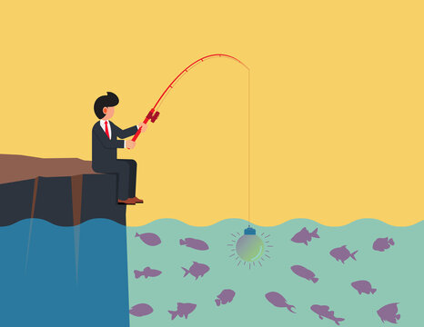 Ideas To Attract Money And Investments. Businessman Sits Fishing With A Light Bulb