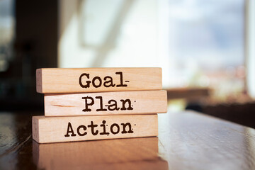 Wooden blocks with words 'Goal Plan Action'. - obrazy, fototapety, plakaty