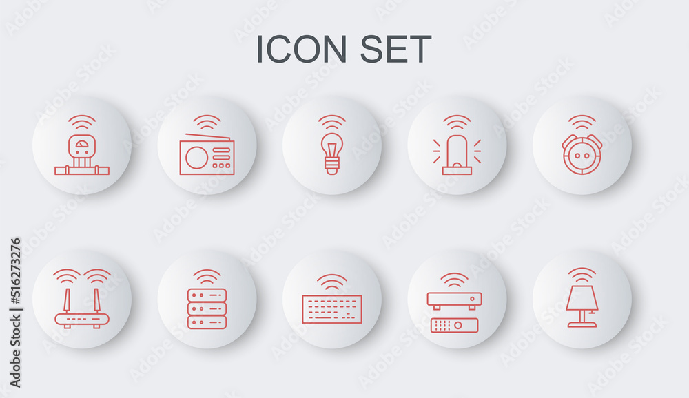 Poster set line smart table lamp, router and wi-fi signal, light bulb, wireless tv box receiver, sensor, ra