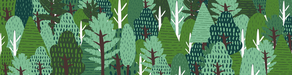 Landscape with trees in forest Summer garden texture banner design. Protection and preservation environment. Earth Day. Abstract pattern with green nature eco tree. Flat vector cartoon illustration © Maria Petrish