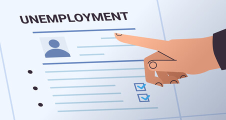 hand filling unemployment benefit form paper work crisis jobless employee job reduction concept
