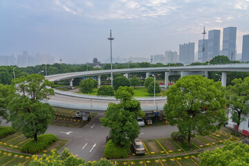 The modern urban construction skyline and urban overpass in Changsha, China will be completed on June 5, 2022