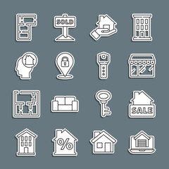 Set line Online real estate house, Hanging sign with Sale, Market store, Realtor, Location lock, Man dreaming about buying, House plan and key icon. Vector