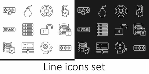 Set line Password protection, Server security with lock, Safe, Server, Data, Web Hosting, Spam, Open padlock and Bomb ready to explode icon. Vector