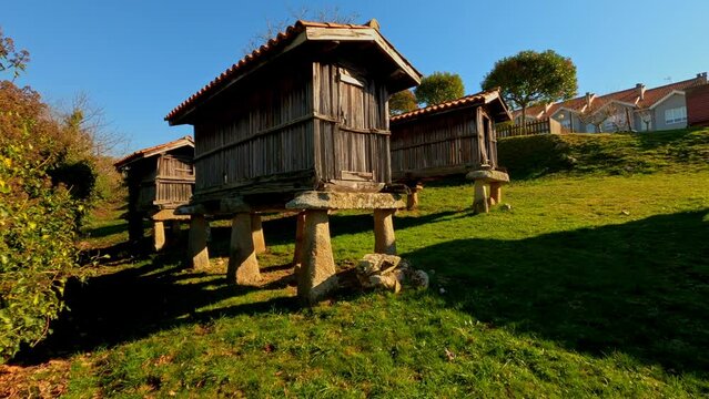 Galician granaries, constructions raised above by pillars, circle pan, day