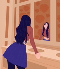 Sexy young woman in trendy clothes. She looks at herself in the mirror. Concept of Feminine Self-confident cute girl. Flat Vector Illustration