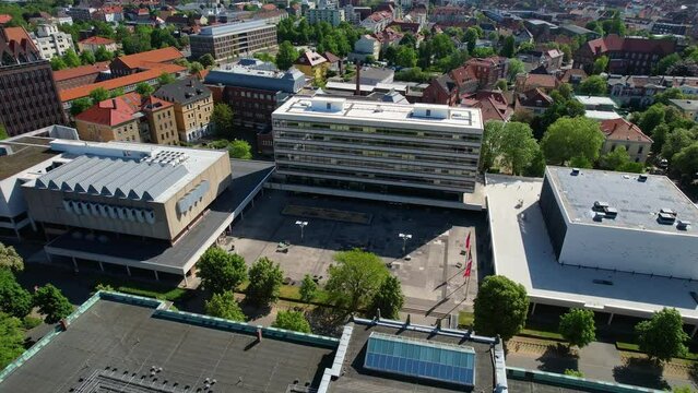 Rotating droneshot of the main Campus of +TU Braunschweig, Germany, on a sunny day.