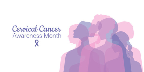 Cervical Cancer Awareness Month. Women of different nationalities and religions together. Horizontal banner with a white background. 