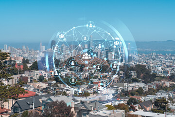 Panoramic view of San Francisco skyline at daytime from hill side. Financial District, residential neighborhoods. Social media hologram. Concept of networking and establishing new people connections