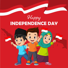 Happy independence day. Group of children holding an Indonesian flags