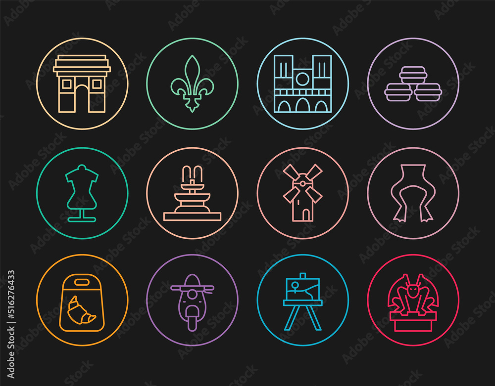 Sticker set line gargoyle on pedestal, frog legs, notre dame, fountain, mannequin, triumphal arch, windmill 