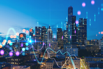 Plakat Illuminated aerial cityscape of Seattle, downtown at night time, Washington, USA. Forex graph hologram. The concept of internet trading, brokerage and fundamental analysis