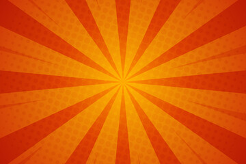 Orange halftone sunburst background with rays, vector illustration